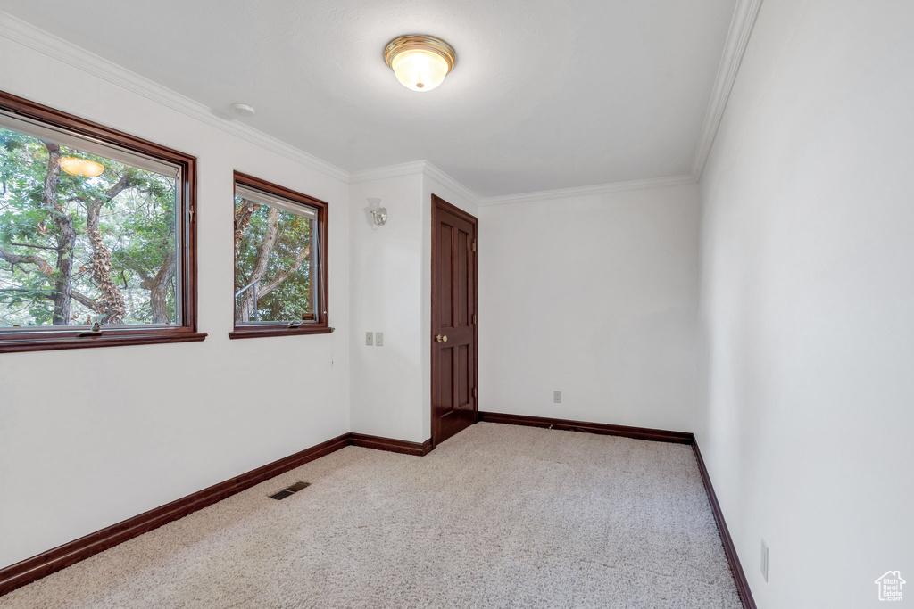 Empty room with ornamental molding, light carpet, and baseboards