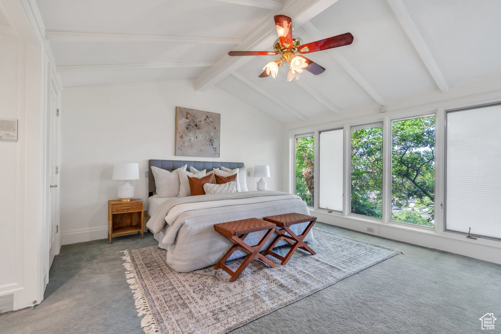 Bedroom with carpet flooring, a ceiling fan, and baseboards