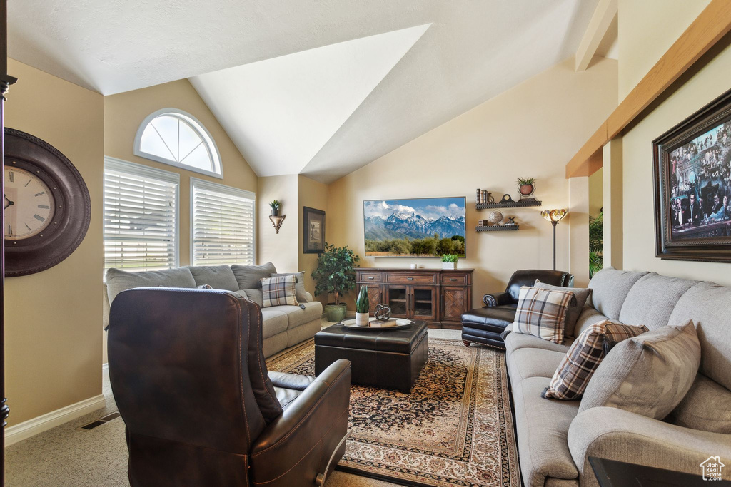 Living area featuring lofted ceiling, baseboards, and carpet floors