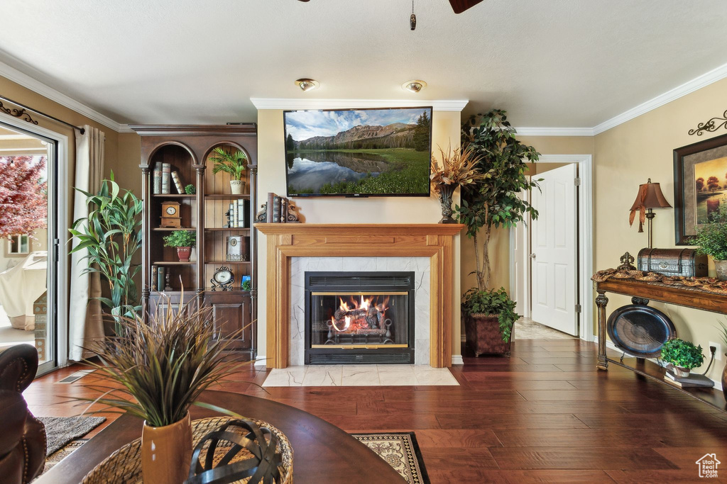 Living area with ornamental molding, hardwood / wood-style flooring, a premium fireplace, and a ceiling fan
