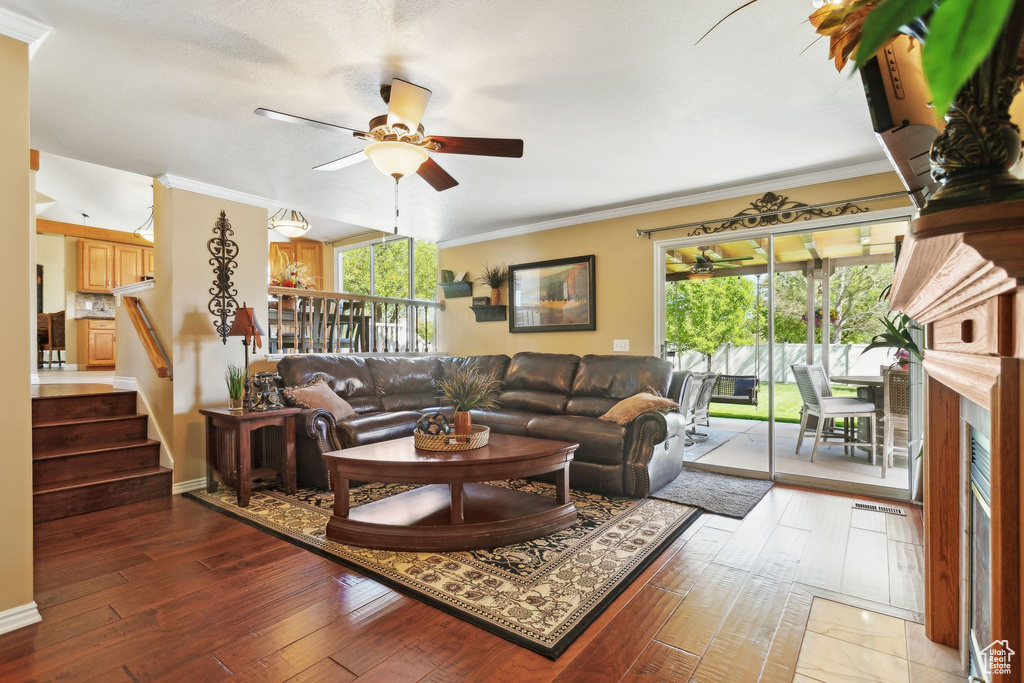 Living area featuring a ceiling fan, ornamental molding, stairs, hardwood / wood-style floors, and a fireplace