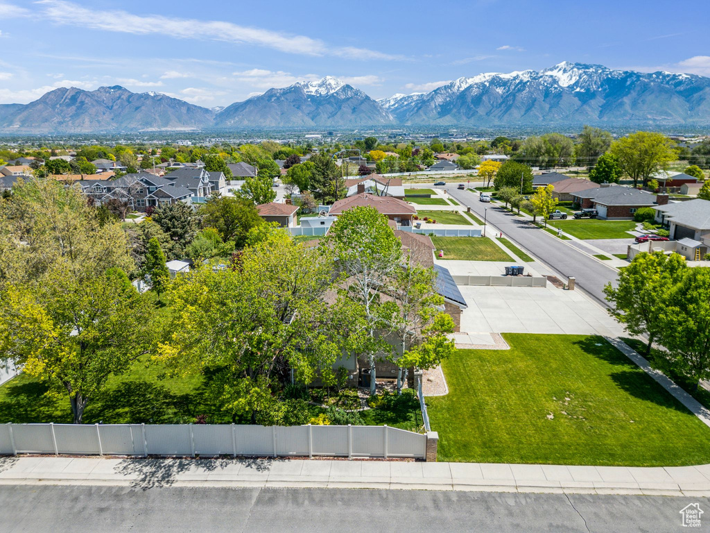 Aerial view of residential area with mountains