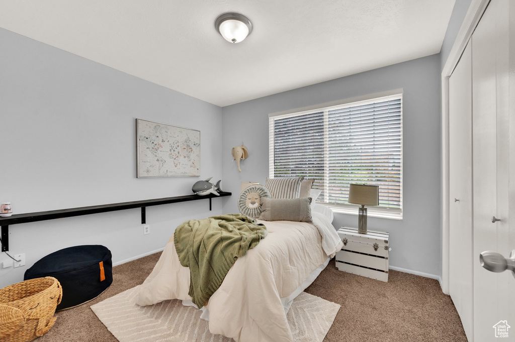 Bedroom featuring carpet floors, a closet, and baseboards