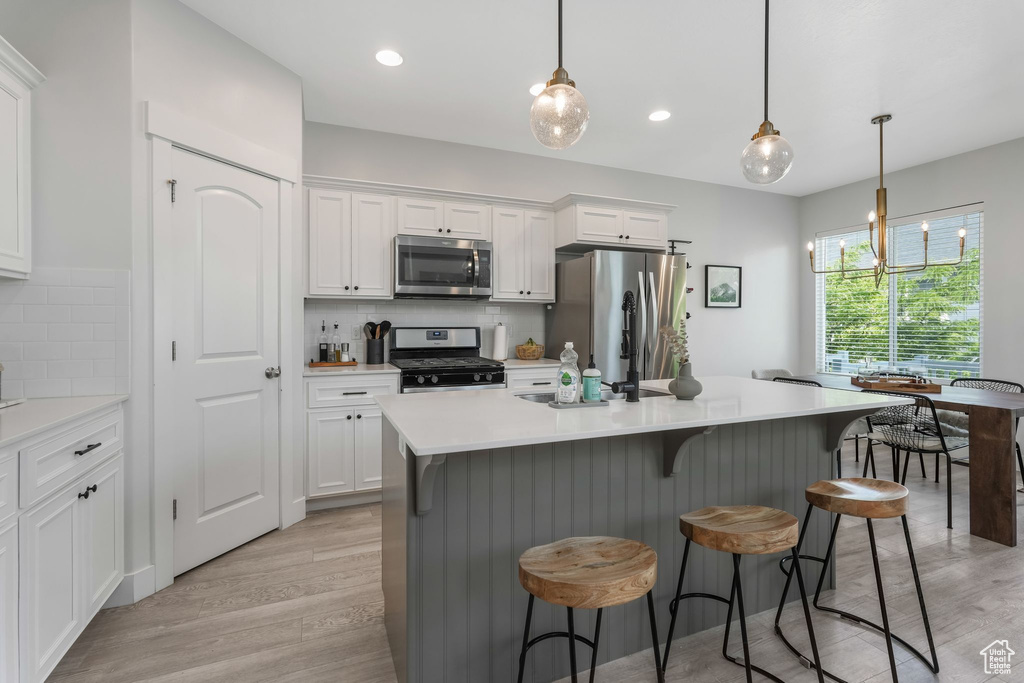Kitchen with stainless steel appliances, light wood-style floors, backsplash, white cabinets, and recessed lighting