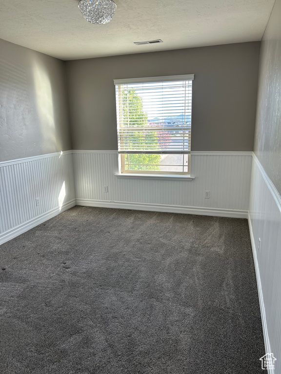 Spare room with wainscoting and dark colored carpet