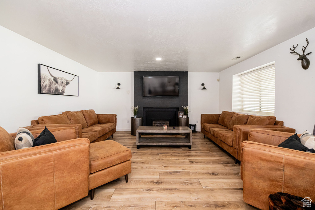 Living area with light wood-style floors, a large fireplace, and recessed lighting