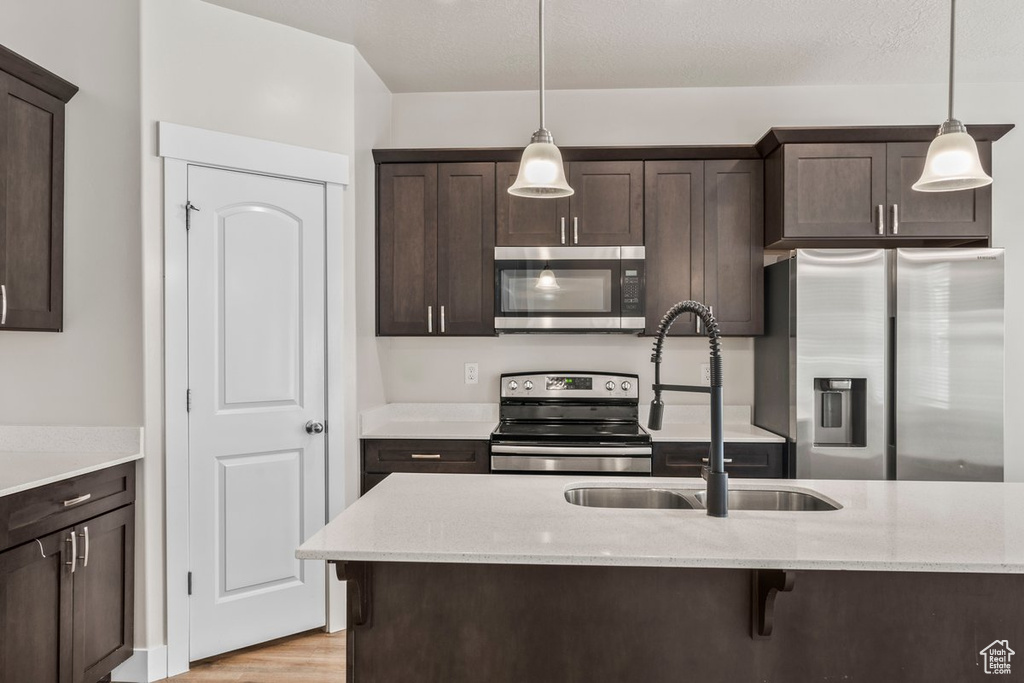 Kitchen with stainless steel appliances, dark brown cabinets, a sink, and pendant lighting