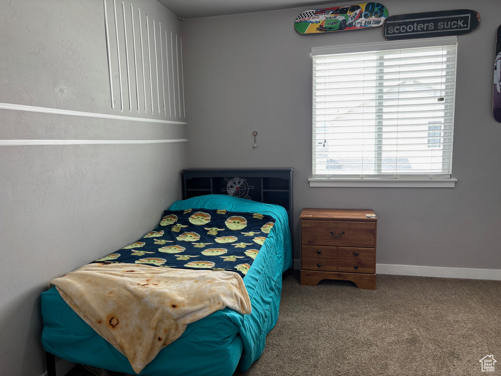 Bedroom featuring multiple windows, carpet floors, and baseboards