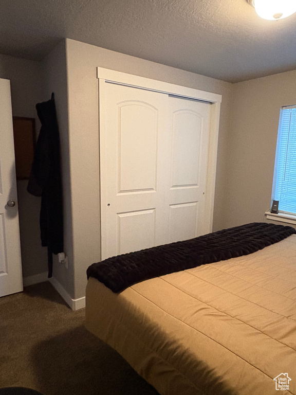 Bedroom with a closet, carpet flooring, and baseboards