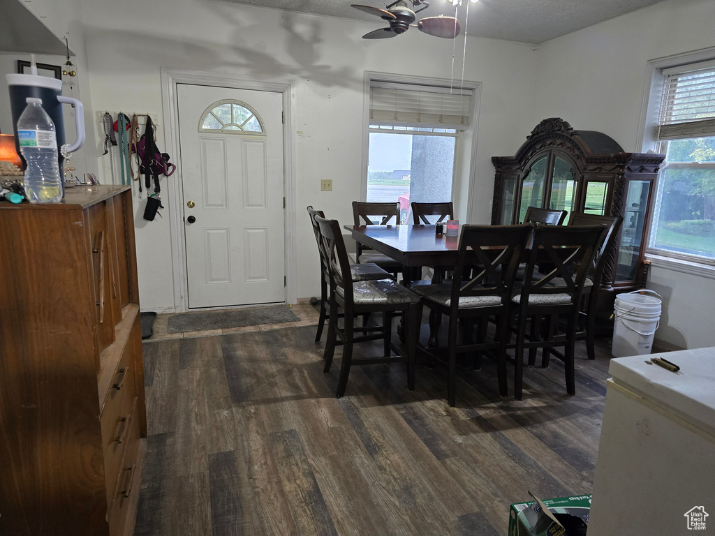 Dining space featuring dark wood-type flooring and a ceiling fan