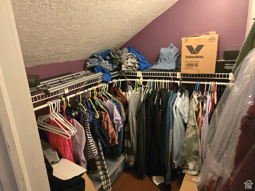 Spacious closet with vaulted ceiling and carpet flooring