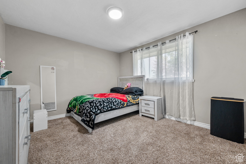 Bedroom with carpet flooring and baseboards