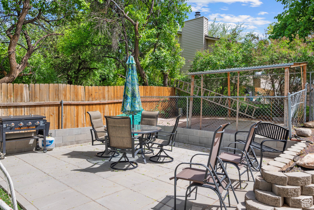 View of patio featuring outdoor dining space and a fenced backyard