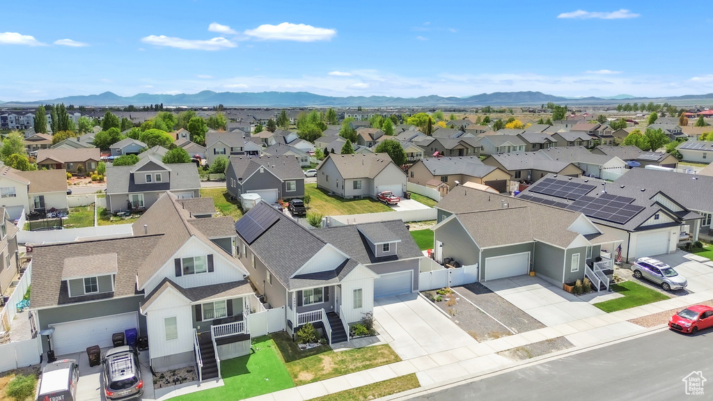 Aerial perspective of suburban area with mountains