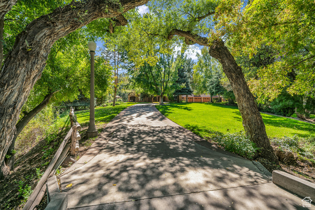 View of property's community featuring view of scattered trees and concrete driveway
