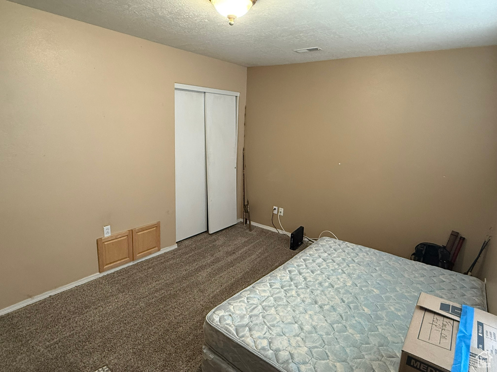 Bedroom with carpet flooring, a textured ceiling, a closet, and baseboards