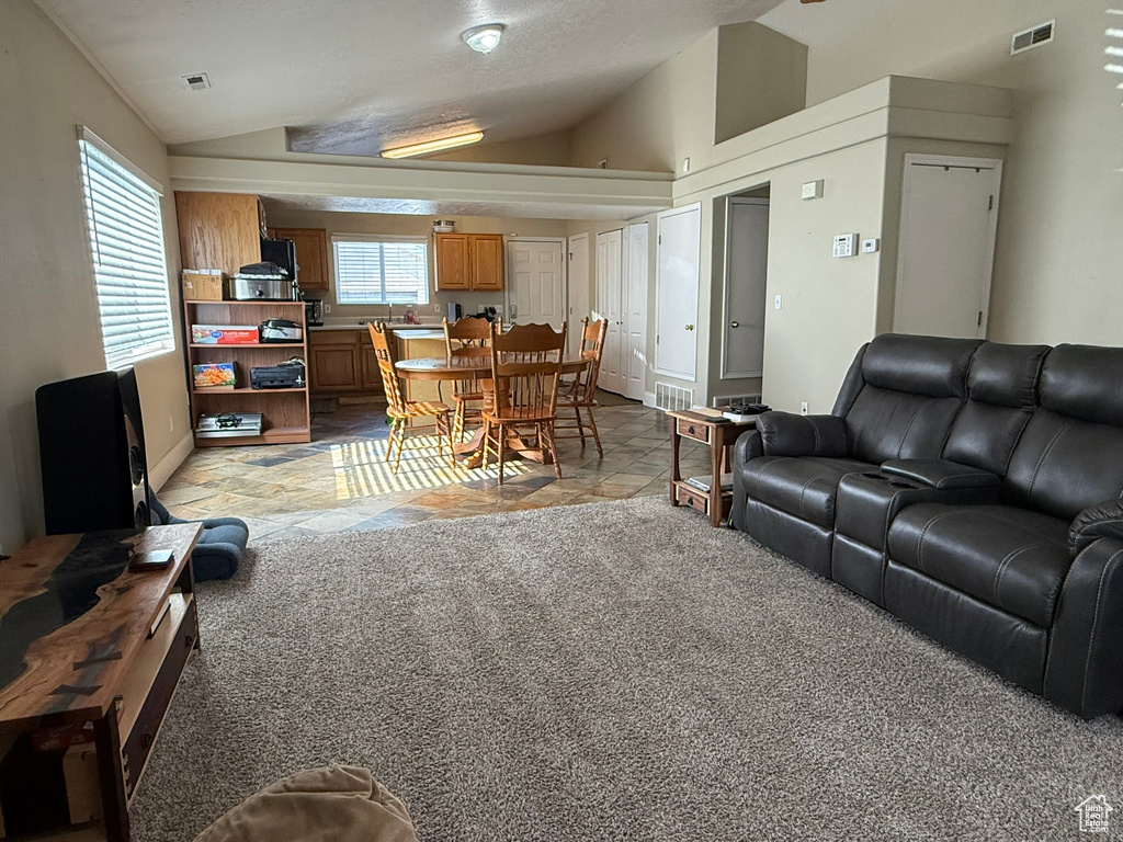 Living room with lofted ceiling and light colored carpet