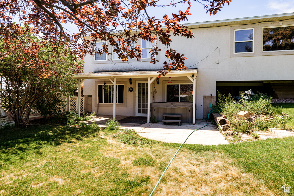 Rear view of house featuring a hot tub, a patio area, stucco siding, and a lawn