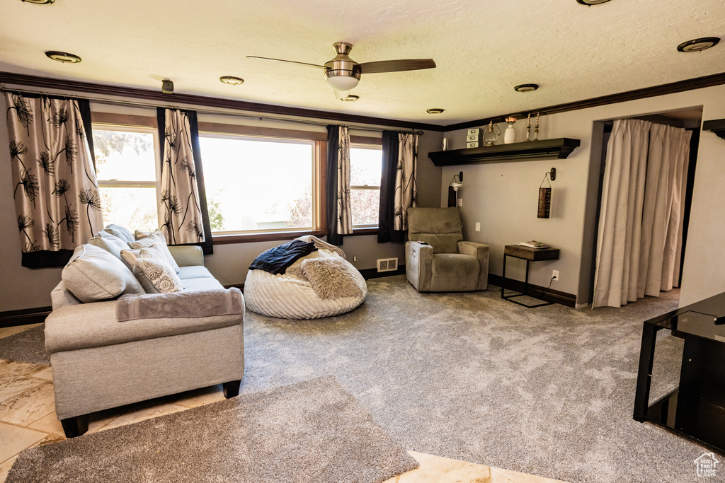 Carpeted living area featuring ornamental molding, a ceiling fan, and baseboards