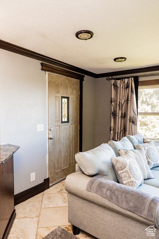 Living area featuring crown molding, baseboards, and stone tile flooring
