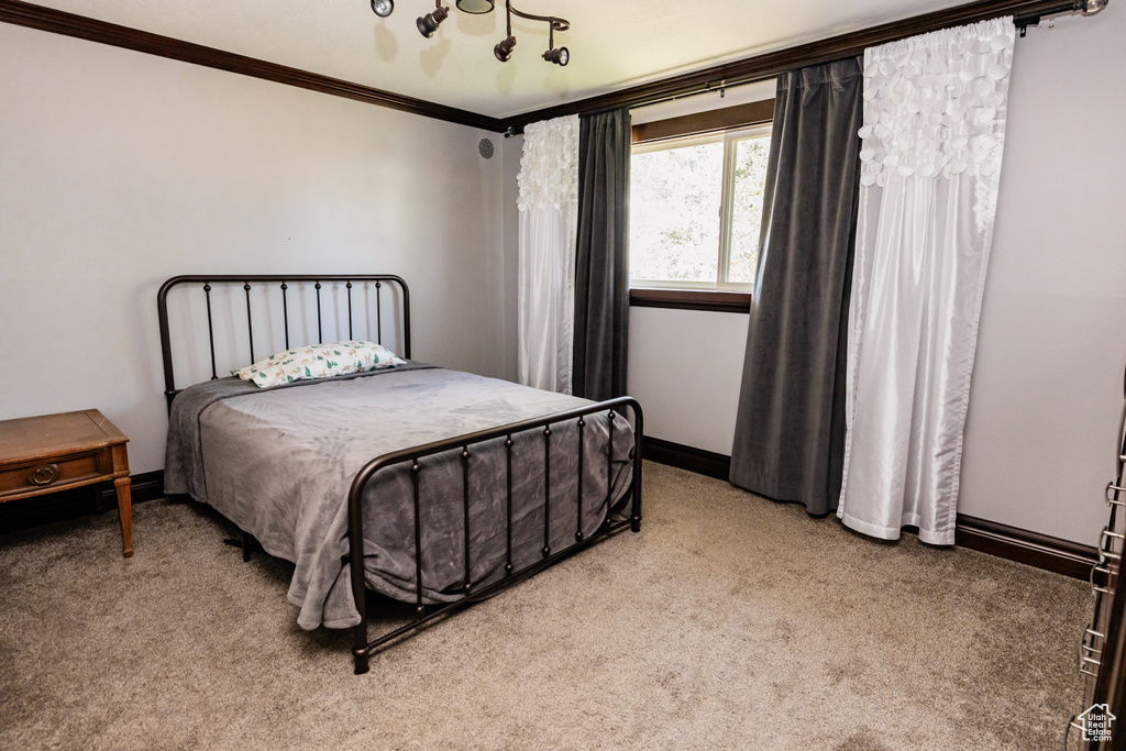 Bedroom with crown molding, light carpet, and baseboards