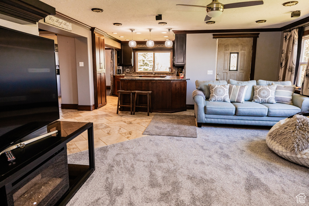 Living area with crown molding, a ceiling fan, and baseboards