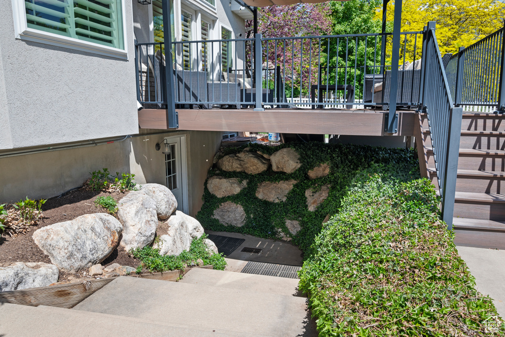 Exterior view of stairway and stucco siding