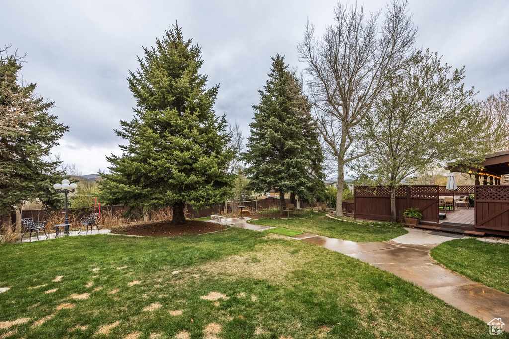 View of yard with a wooden deck