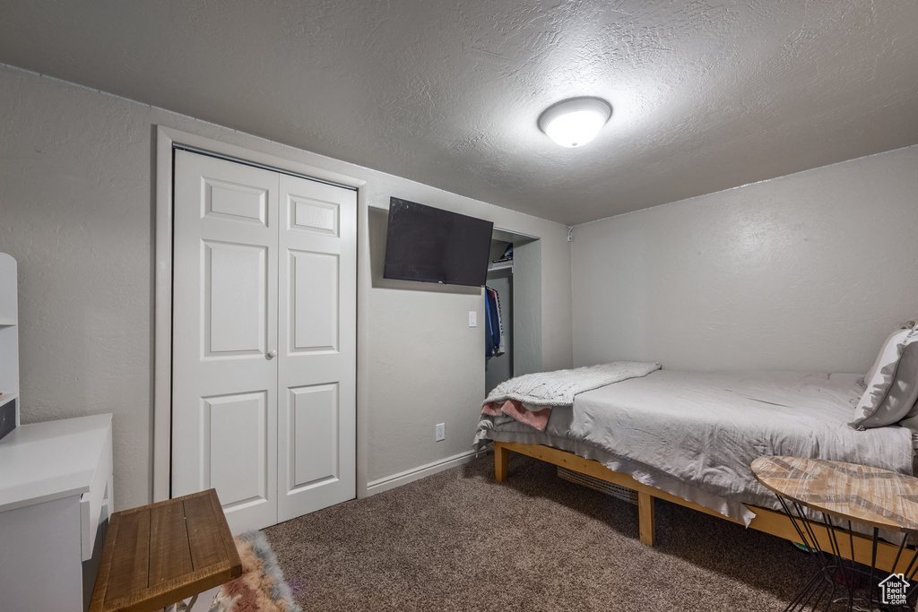 Carpeted bedroom with a textured ceiling and a closet