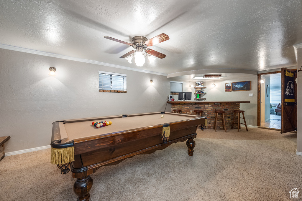 Rec room with a dry bar, carpet floors, a textured ceiling, a ceiling fan, and ornamental molding