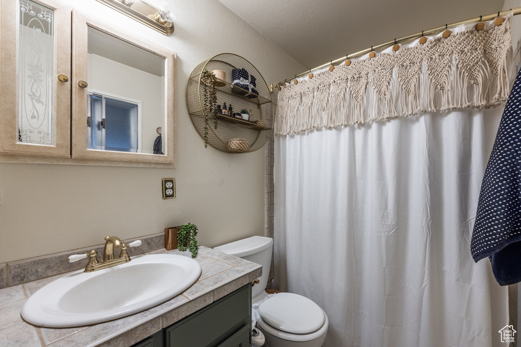 Bathroom featuring toilet, vanity, and a shower with shower curtain
