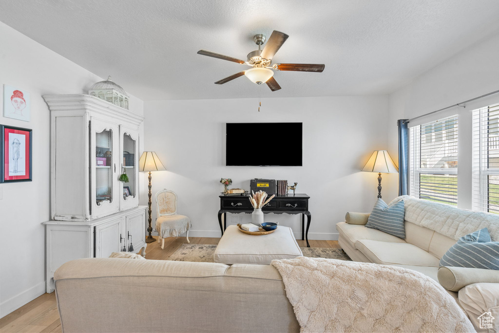 Living area featuring a ceiling fan, baseboards, and light wood-style flooring
