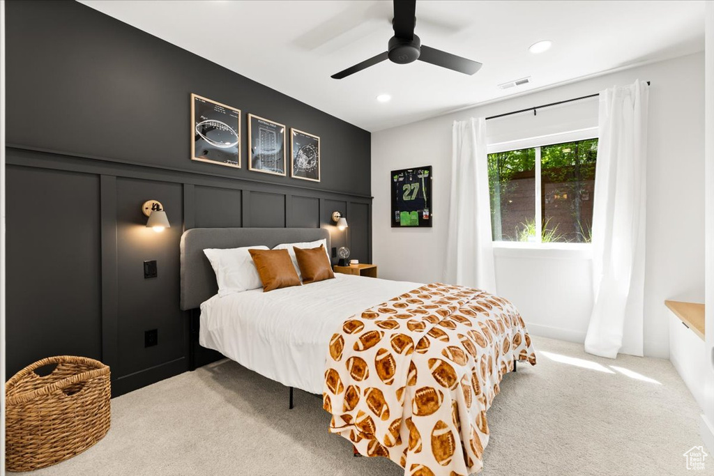 Bedroom with carpet floors, recessed lighting, and ceiling fan