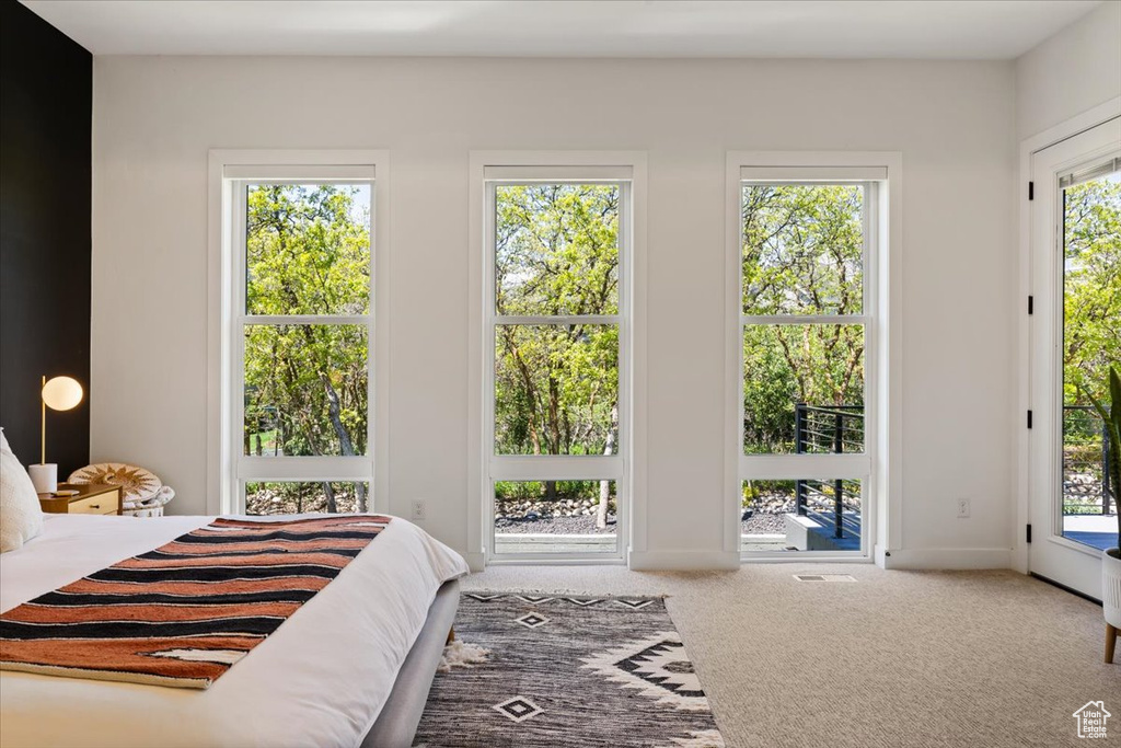 Carpeted bedroom featuring multiple windows and access to outside