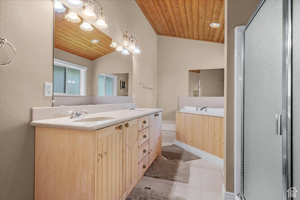 Full bathroom with wood ceiling, double vanity, tile patterned floors, and a shower stall