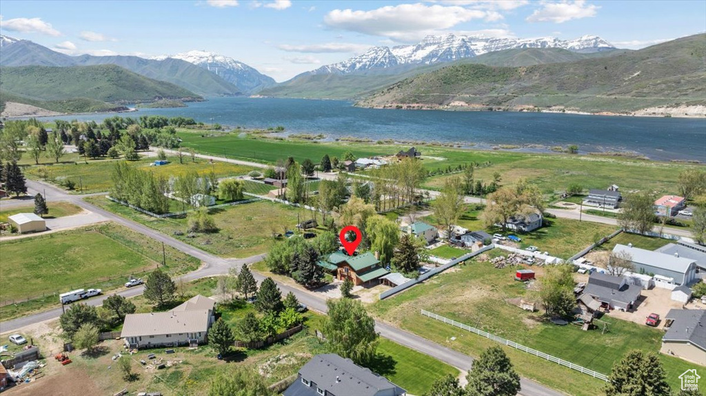 Bird's eye view of a water and mountain view