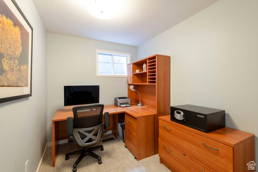 Office space featuring light carpet