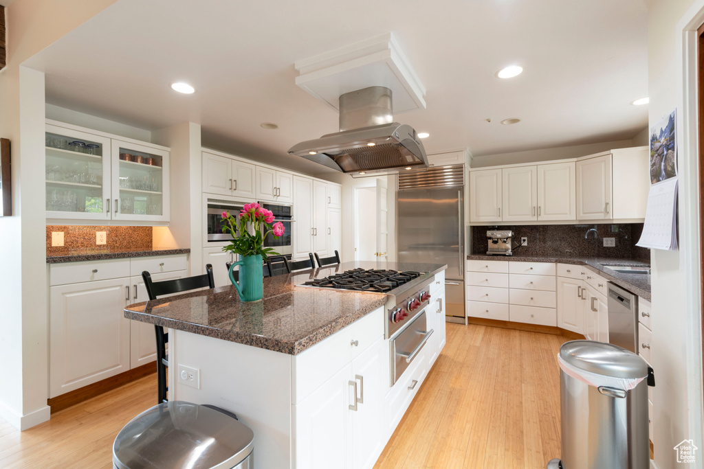 Kitchen with stainless steel appliances, island exhaust hood, a kitchen island, tasteful backsplash, and recessed lighting