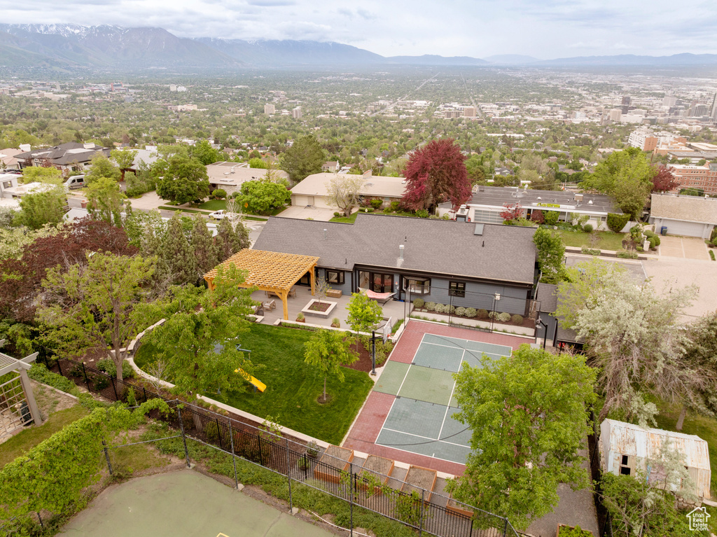 Drone / aerial view of a mountainous background