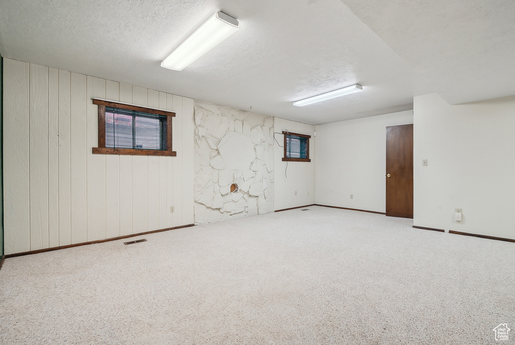 Below grade area featuring carpet, a textured ceiling, baseboards, and wooden walls
