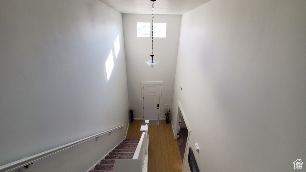 Staircase with wood finished floors, a towering ceiling, and baseboards