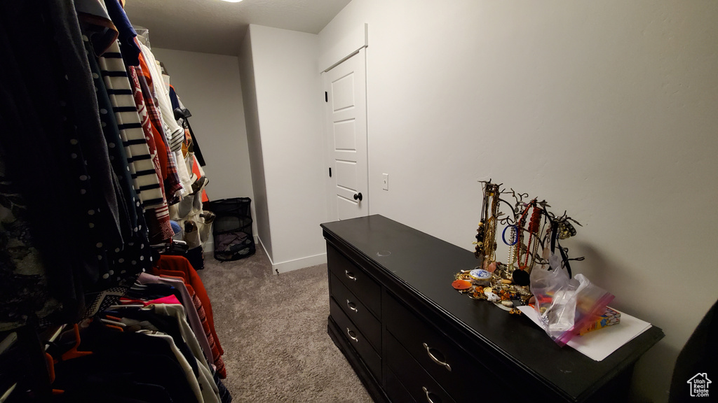 Walk in closet with carpet floors