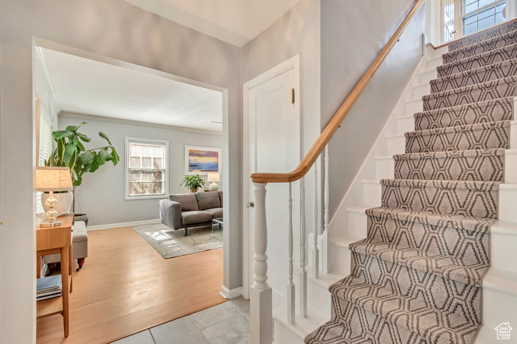 Staircase featuring baseboards, wood finished floors, and crown molding