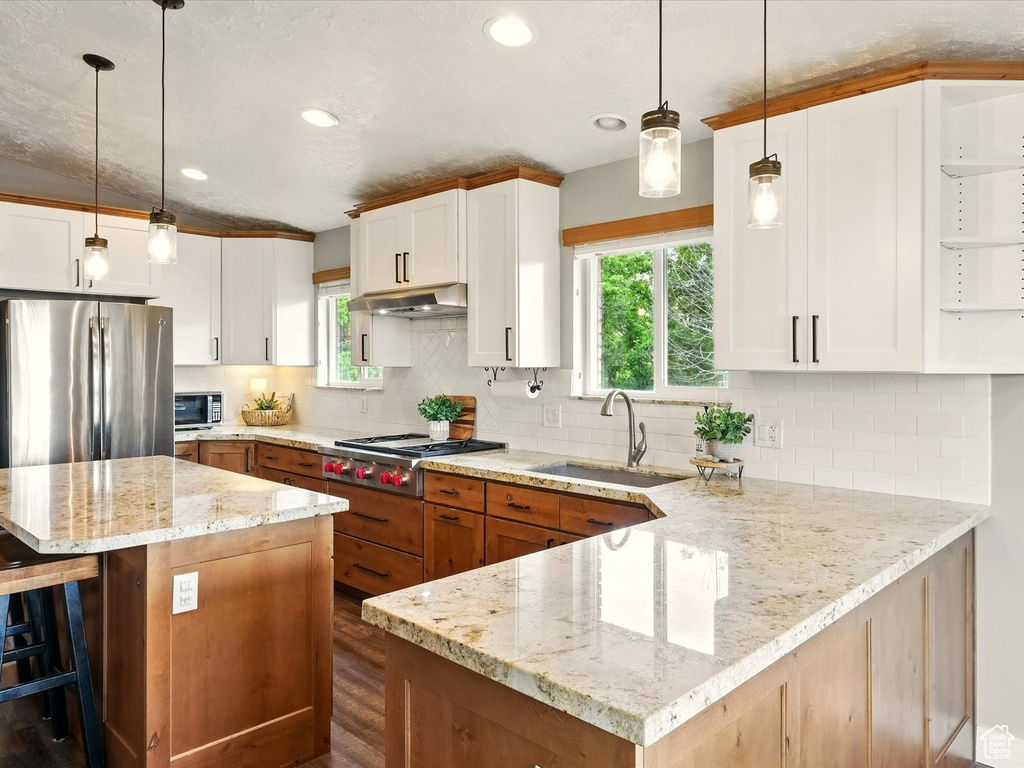 Kitchen featuring stainless steel appliances, a sink, under cabinet range hood, recessed lighting, and a kitchen breakfast bar