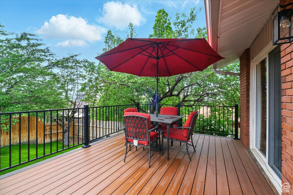 Wooden deck featuring outdoor dining area and fence