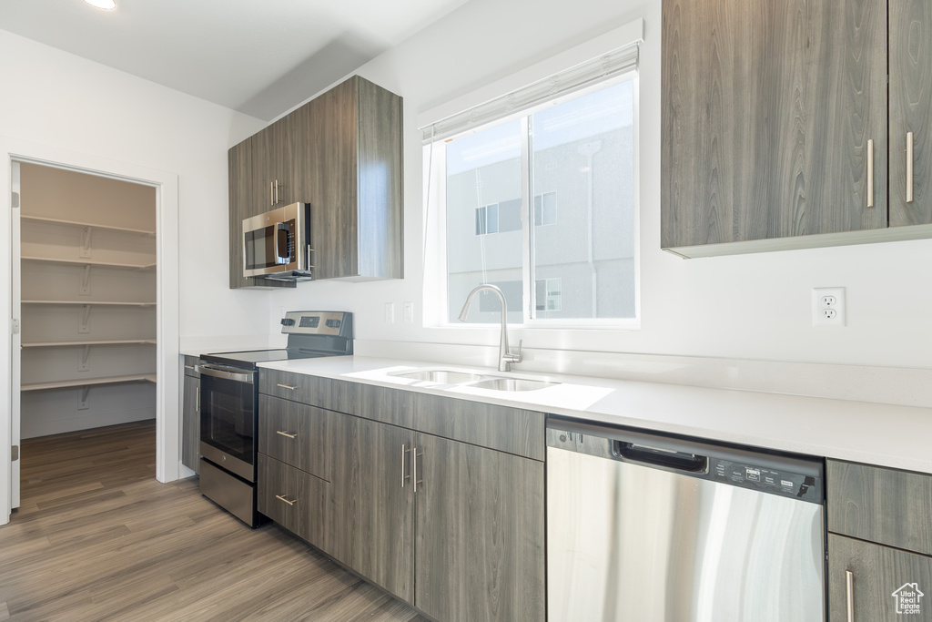 Kitchen featuring stainless steel appliances, a sink, light wood-style floors, modern cabinets, and light countertops