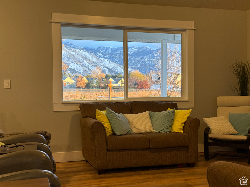 Living room featuring wood finished floors, baseboards, and a mountain view