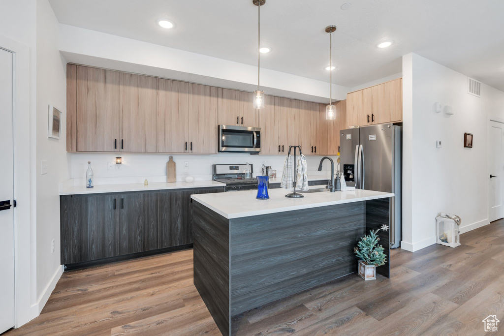 Kitchen with appliances with stainless steel finishes, light brown cabinetry, light wood-style flooring, light countertops, and recessed lighting