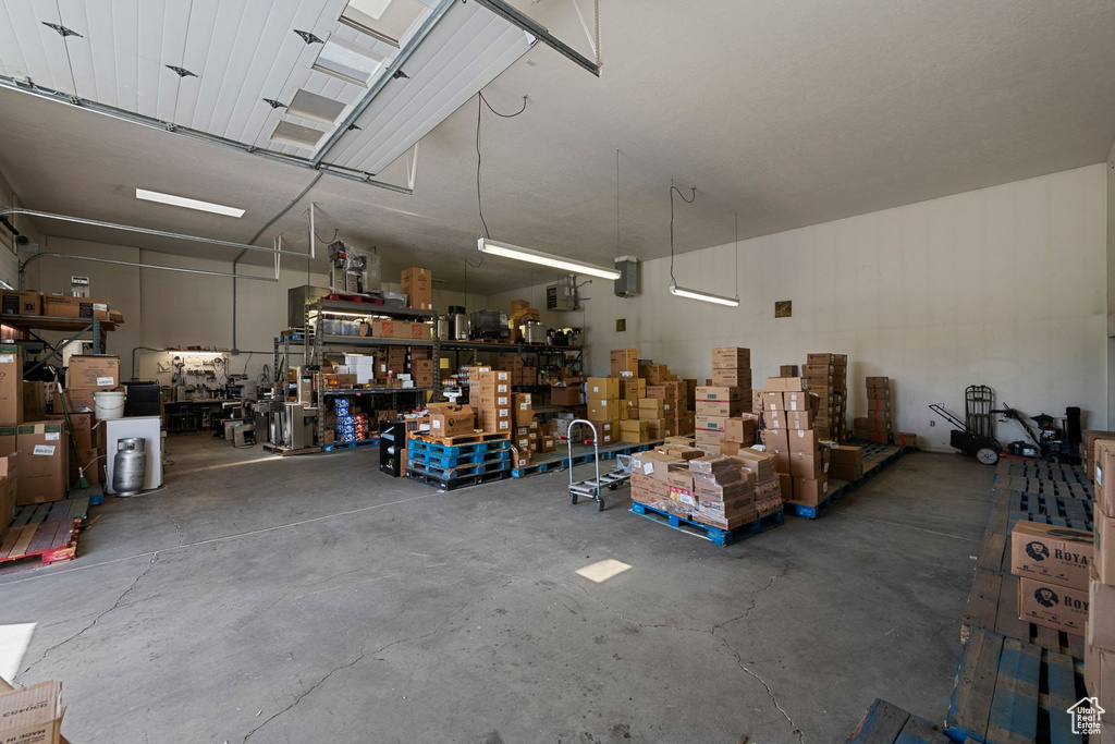 Garage featuring a workshop area