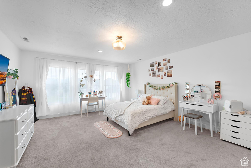 Bedroom featuring light colored carpet, multiple windows, a textured ceiling, an office area, and recessed lighting